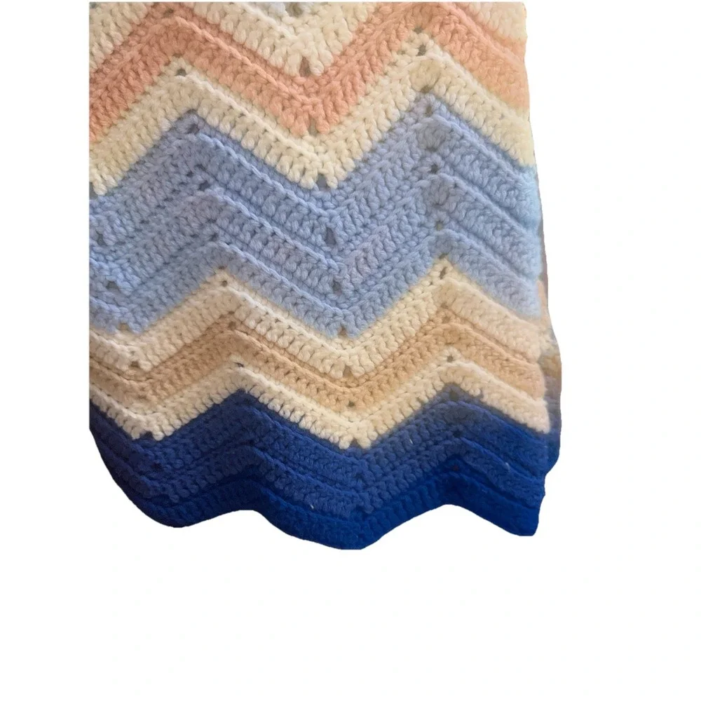 Vintage Crochet Afghan Blanket Chevron Zigzag Blues/pinks/ Tan96‎ X78